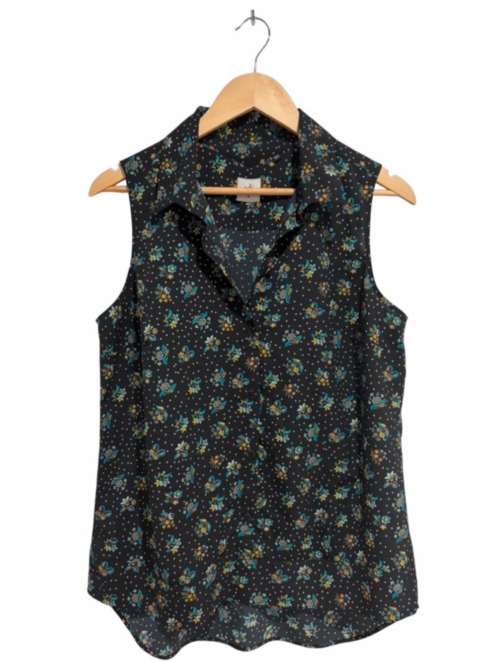 CAbi Black Sleeveless Floral Collared Pull-Over Blouse with Buttons